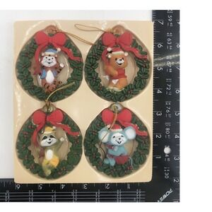 Christmas Ornaments Box Of 4 Critter Wreath Hand Painted‎ Resin Holiday Vintage